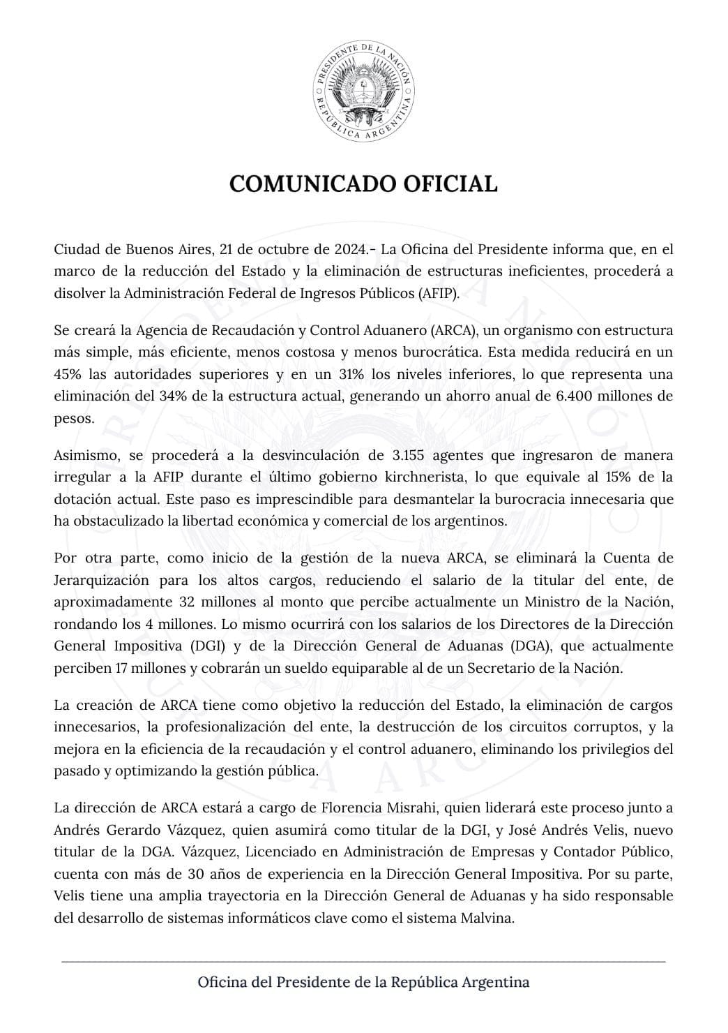 El Gobierno disuelve la AFIP y crea la Agencia de Recaudación y Control Aduanero (ARCA) en su lugar