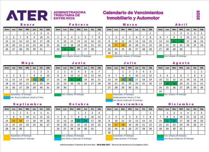 Calendario de Vencimientos Inmobiliario y Automotor de la ATER para 2025.